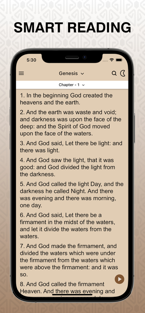 Good News Bible app interface showing Genesis Chapter 1 with smart reading feature.