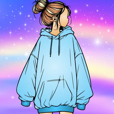 realistic girl with a oversized sweatshirt on and a bun
