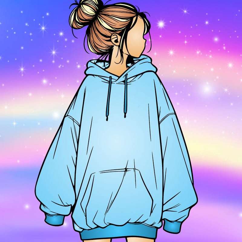 realistic girl with a oversized sweatshirt on and a bun
