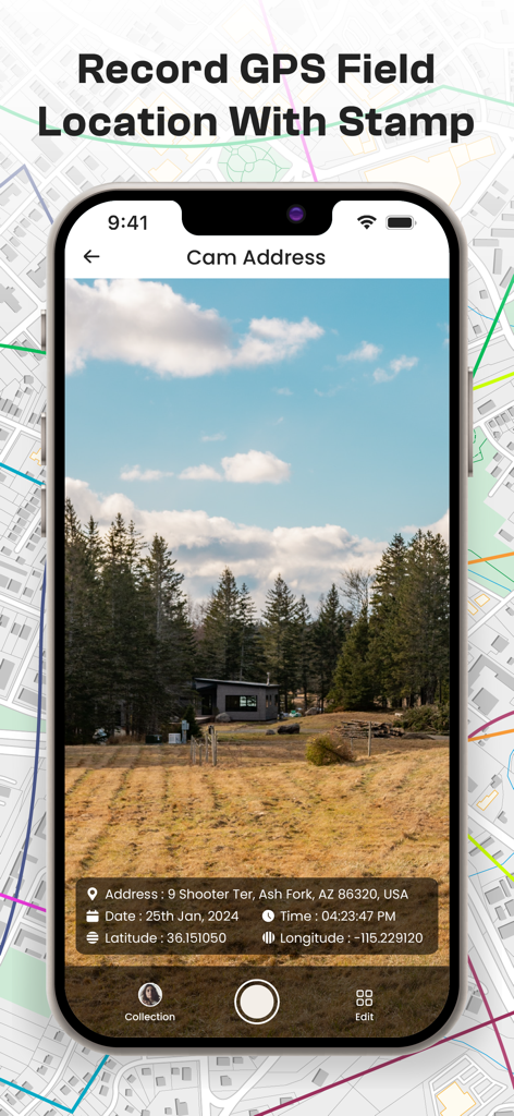 GPS Fields Area Measure on Map - Uma foto de campo dentro do aplicativo apresentando um carimbo de dados de localização e coordenadas
