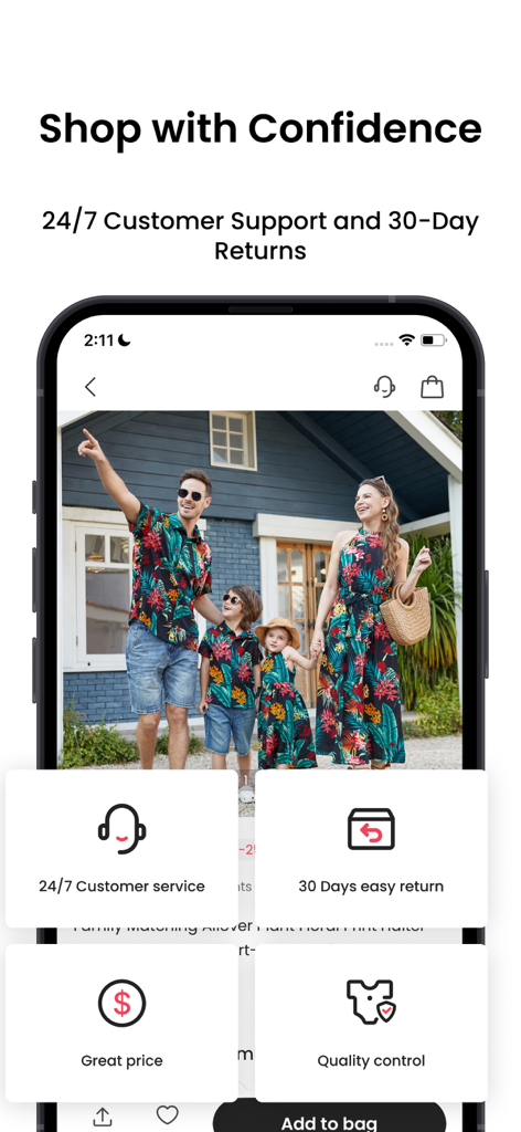 PatPat app interface showing family in matching tropical outfits with customer service and return policy icons