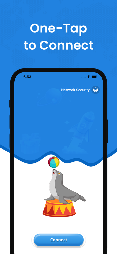 Seal VPN mobile application interface showing a one-tap to connect screen with a seal mascot illustration.
