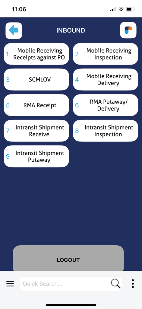 FlexiPro - FlexiPro mobile App-Bildschirm für eingehende Vorgänge mit Optionen für Wareneingang und Versand