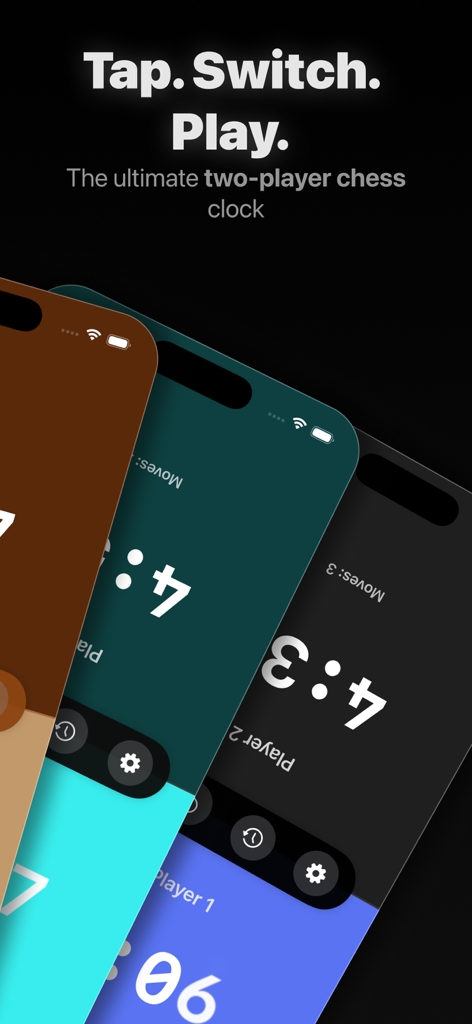 Chess Timer & Clock - Promotion of Chess Timer and Clock app showing multiple colorful interface themes and game timers
