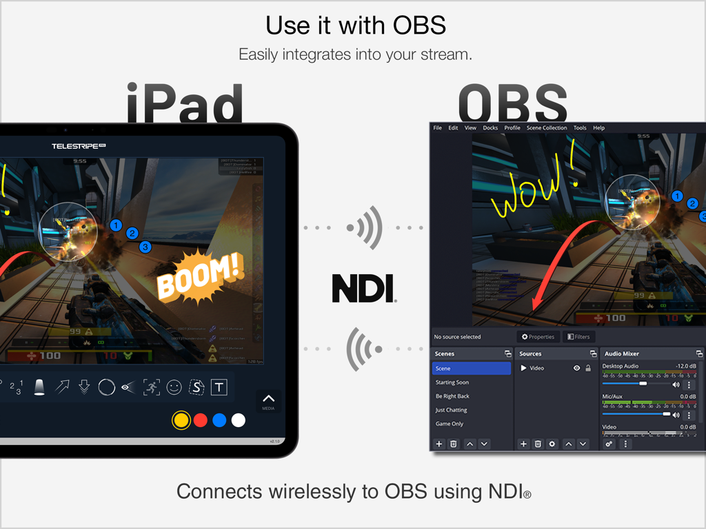 Telestripe - Telestripe iPad app connecting wirelessly to OBS using NDI for live stream telestration