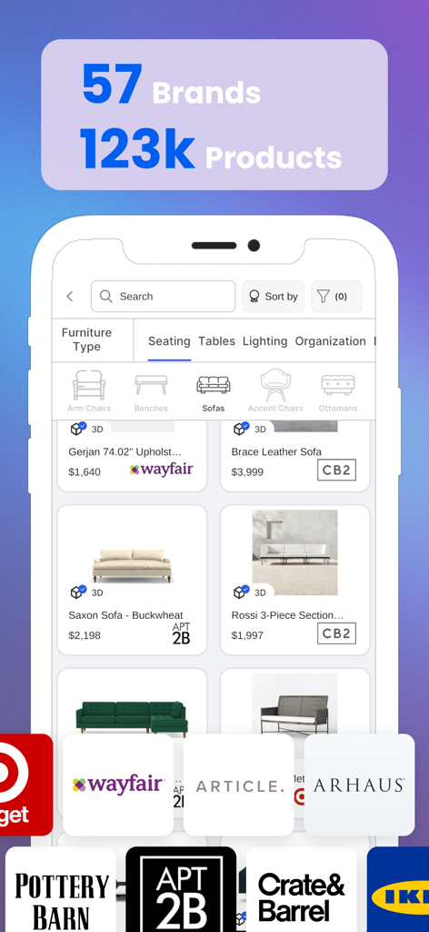 Realize - Design & Shop - Realize app furniture catalog screen showing 57 brands and 123k products for home design