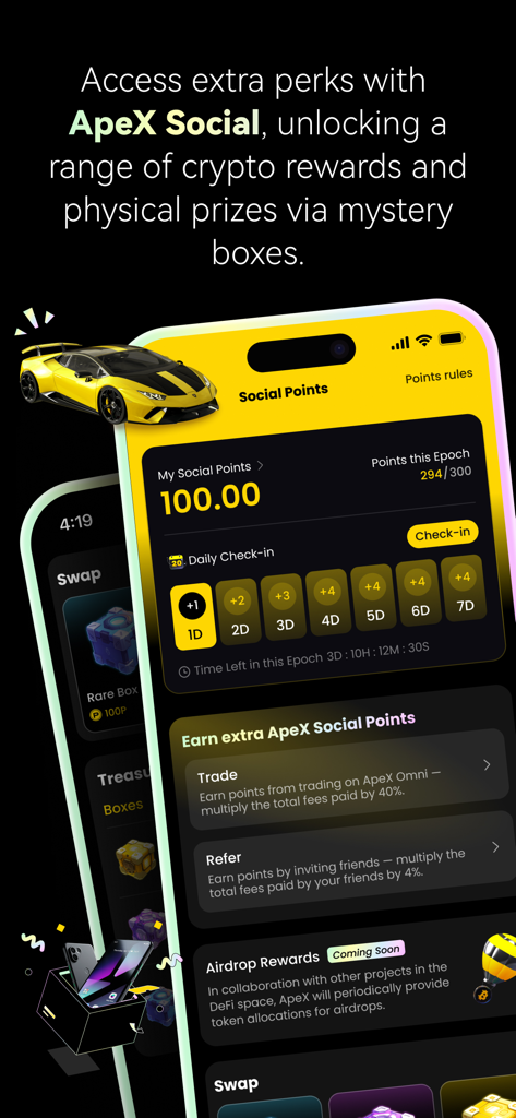 ApeX Social dashboard showing reward points, daily check-ins, and mystery boxes for crypto and physical prizes.