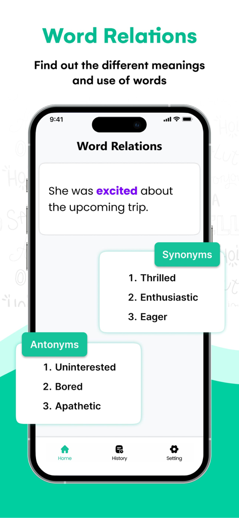 AI Grammar Check app interface displaying synonyms and antonyms for vocabulary enhancement