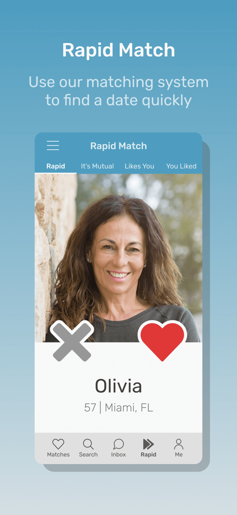 Rapid Match swiping screen in the Republican Singles Dating app showing a user profile from Miami.