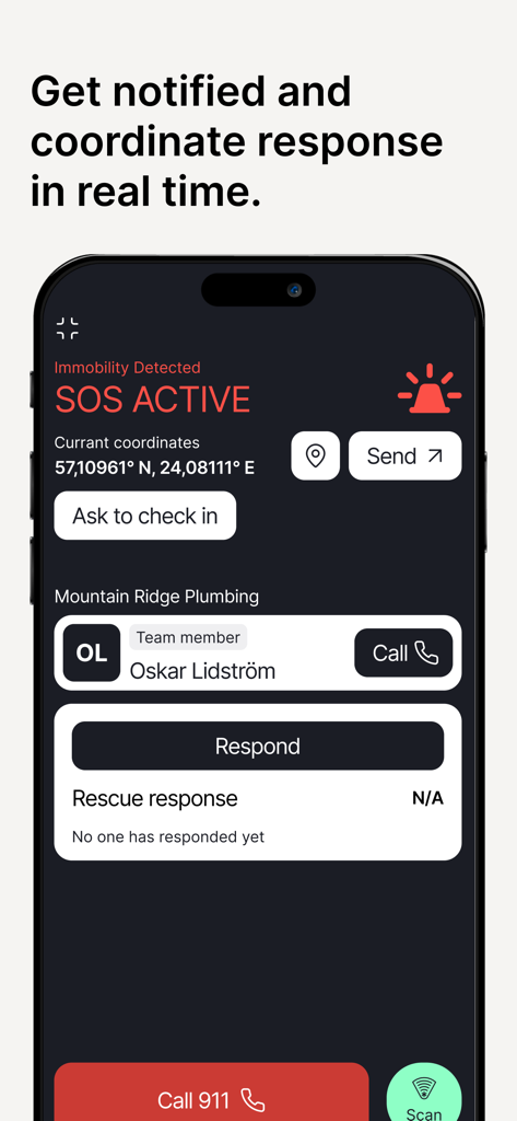 Interfaccia dell'app Twiceme che mostra un allarme SOS attivo con coordinate GPS e opzioni di risposta alle emergenze
