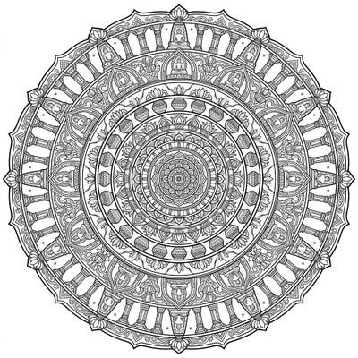 Immerse yourself in the spiritual artistry of Jain Temples with this stunning mandala coloring page. Its intricate details and symmetrical design offer a truly meditative coloring experience.