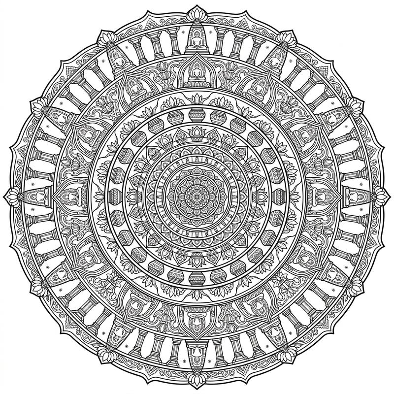 Immerse yourself in the spiritual artistry of Jain Temples with this stunning mandala coloring page. Its intricate details and symmetrical design offer a truly meditative coloring experience.
