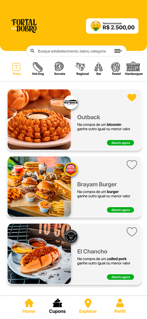 Tela do aplicativo móvel Fortal em Dobro mostrando ofertas de compre um, leve um grátis e rastreador de economia
