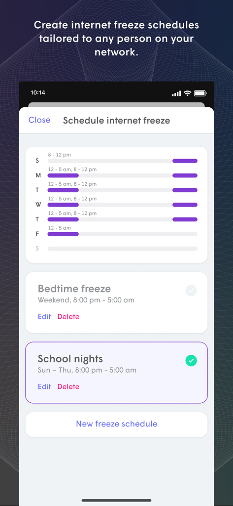 Flow Wi-Fi+ - Interface para agendar horários de bloqueio da internet para controle parental no aplicativo Flow Wi-Fi plus.