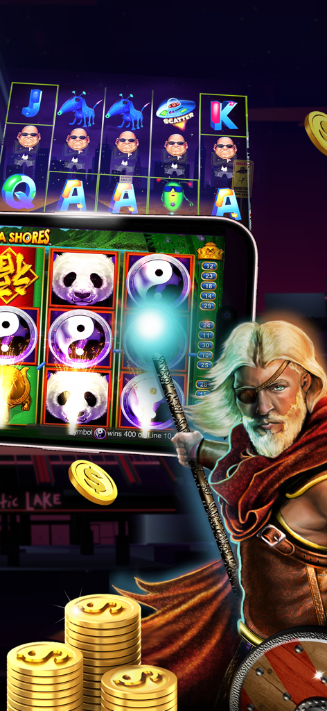 Mystic Slots® - Casino Games - Una pantalla de teléfono inteligente que muestra el juego de tragamonedas China Shores junto a un personaje guerrero y pilas de monedas de oro.
