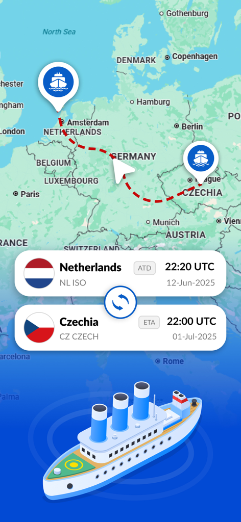 Mapa de seguimiento de ruta de barcos que muestra un viaje de los Países Bajos a la República Checa con tiempos de llegada y salida.