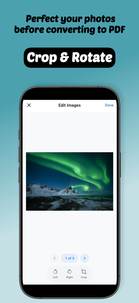 Convert to PDF - Image & Docx - A smartphone screen displaying the crop and rotate image editing features within the Convert to PDF app.