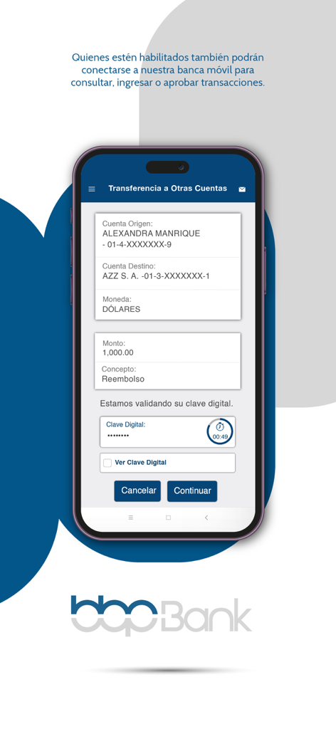 BBP Bank - Pantalla de transferencia móvil de la aplicación BBP Bank que muestra una transferencia de mil dólares a otra cuenta con verificación de seguridad de clave digital.