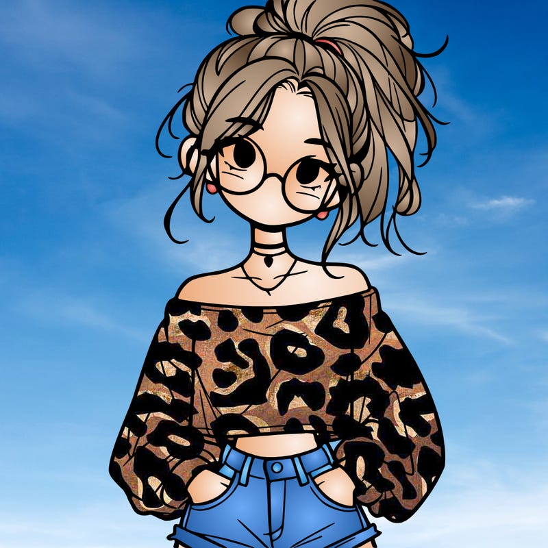 girl with a messy ponytail glasses a baggy crop top and jean shorts