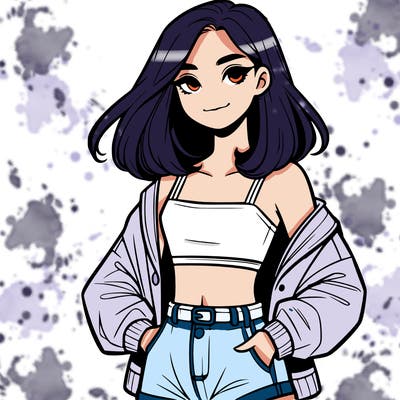 a realistic girl with a crop top and short shorts in an open jacket