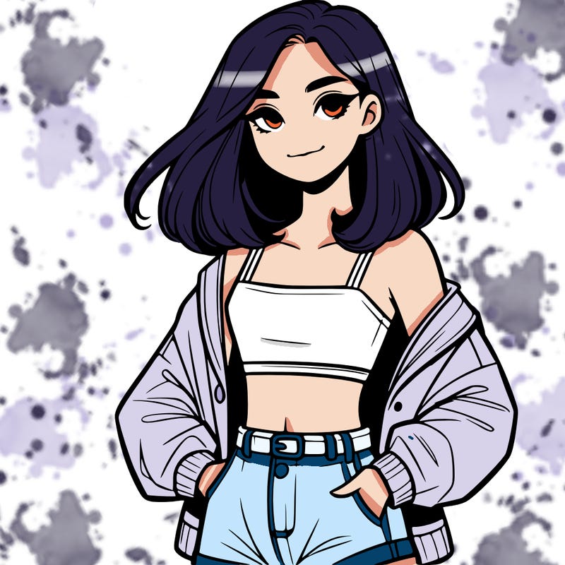 a realistic girl with a crop top and short shorts in an open jacket
