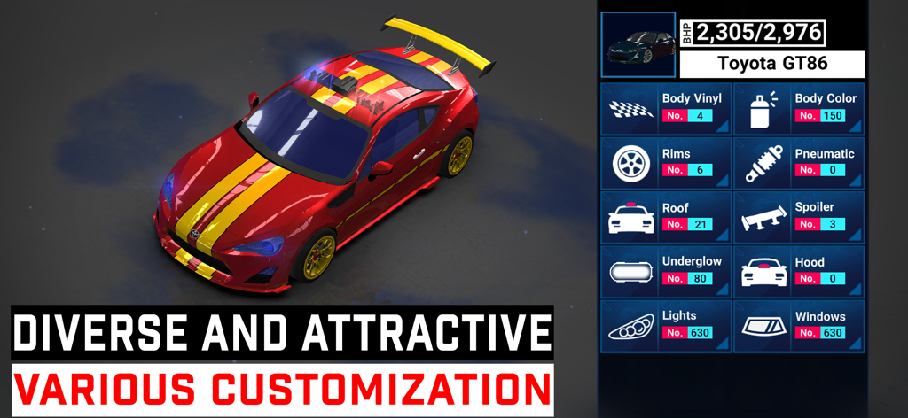 Infinite Speed : Online Racing - Menú de personalización de coches de Infinite Speed Online Racing con un Toyota GT86 rojo
