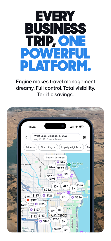 Interface de l'application Engine affichant les prix des hôtels sur une carte pour les voyages d'affaires