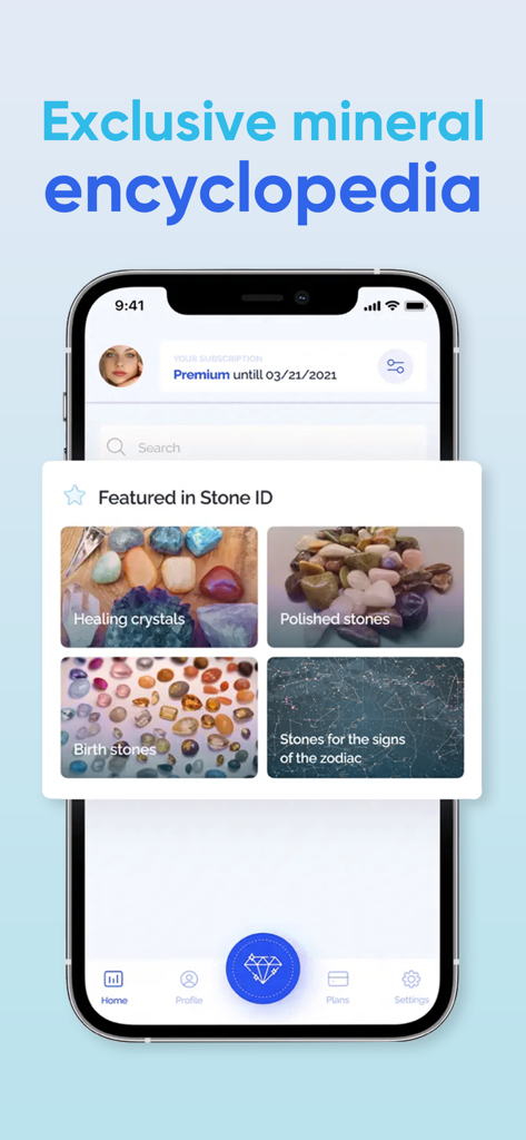 Mobile app interface for Rock Identifier showing featured categories like healing crystals and zodiac stones