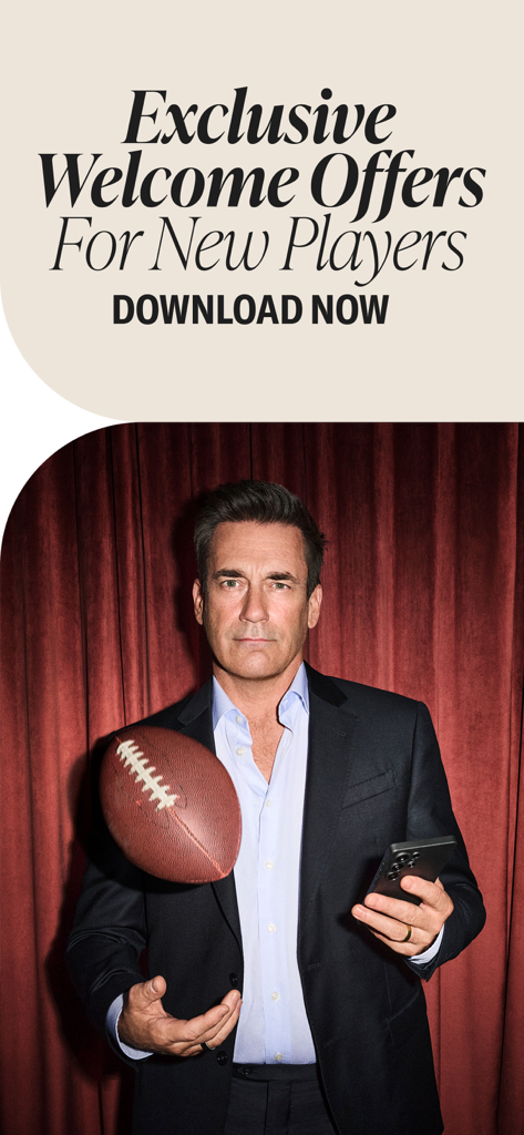 Jon Hamm holding a smartphone and a football promoting BetMGM exclusive welcome offers for new players.