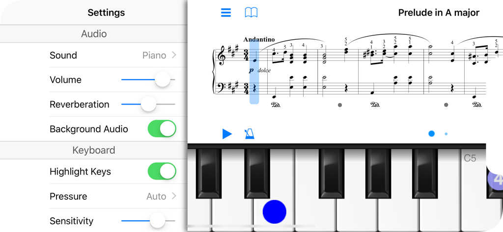 PianoMate - Piano Sheet Music - PianoMate app interface showing sheet music for Prelude in A major and an overlay of audio and keyboard settings.