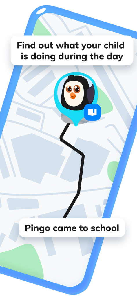 Pingo app interface showing a child's location on a map with a notification that the child arrived at school
