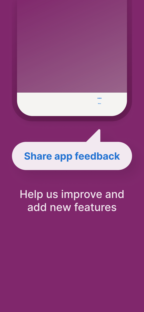 A purple screen from the MBTA Go app inviting users to share feedback to help improve and add new features.