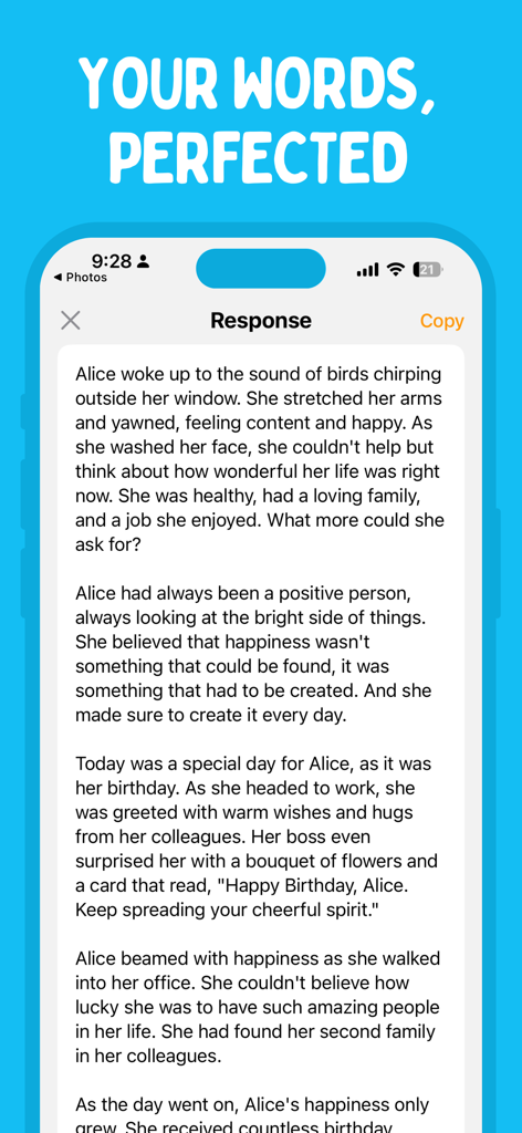 A mobile interface of the Rephrase app displaying a polished and professional text response