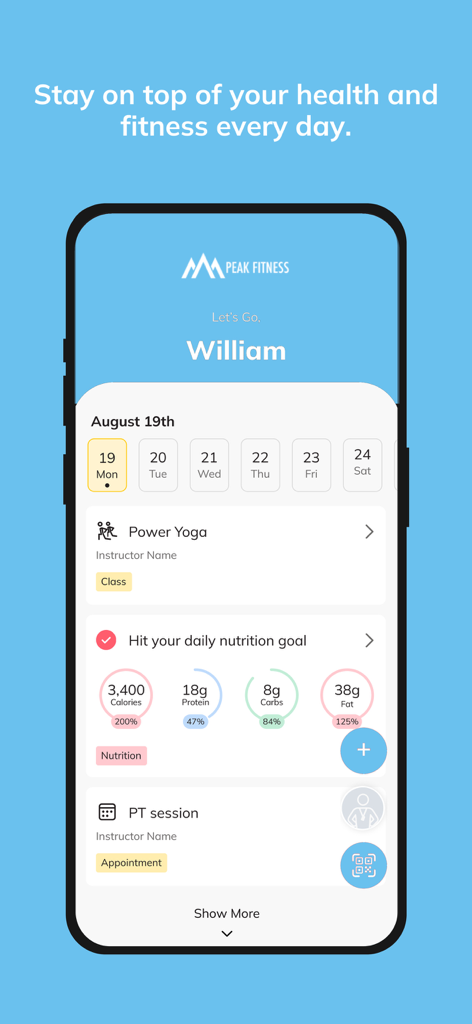 Peak Fitness (ABC Trainerize) - Peak Fitness app dashboard showing workout schedule and nutrition tracking
