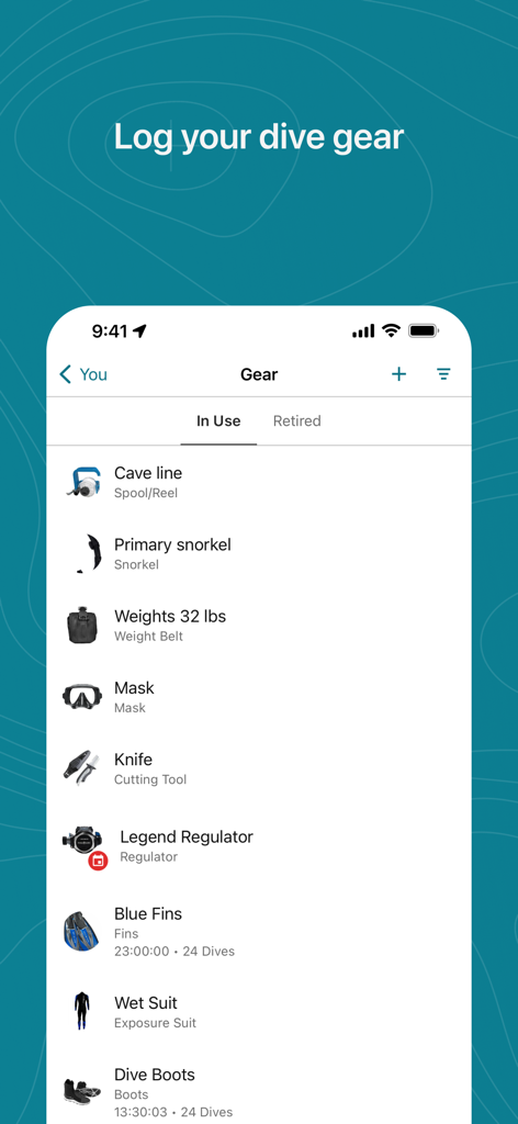 Garmin Dive app gear tracking screen showing a list of diving equipment with usage statistics and service alerts