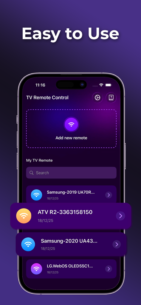 TV Remote for All TV - La interfaz de usuario de una aplicación de control remoto universal para TV mostrando varios smart TVs conectados