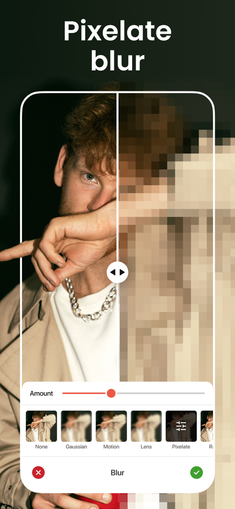 Motion Blur: Photo, Background - Uma interface móvel mostrando uma foto de retrato com um efeito de desfoque pixelizado e um controle deslizante de intensidade