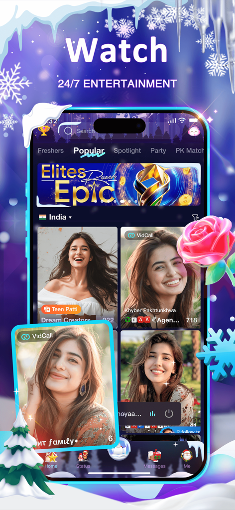 StreamKar - Live Video Chat - StreamKar mobile app interface showing live video streamers under the popular tab with a festive winter theme
