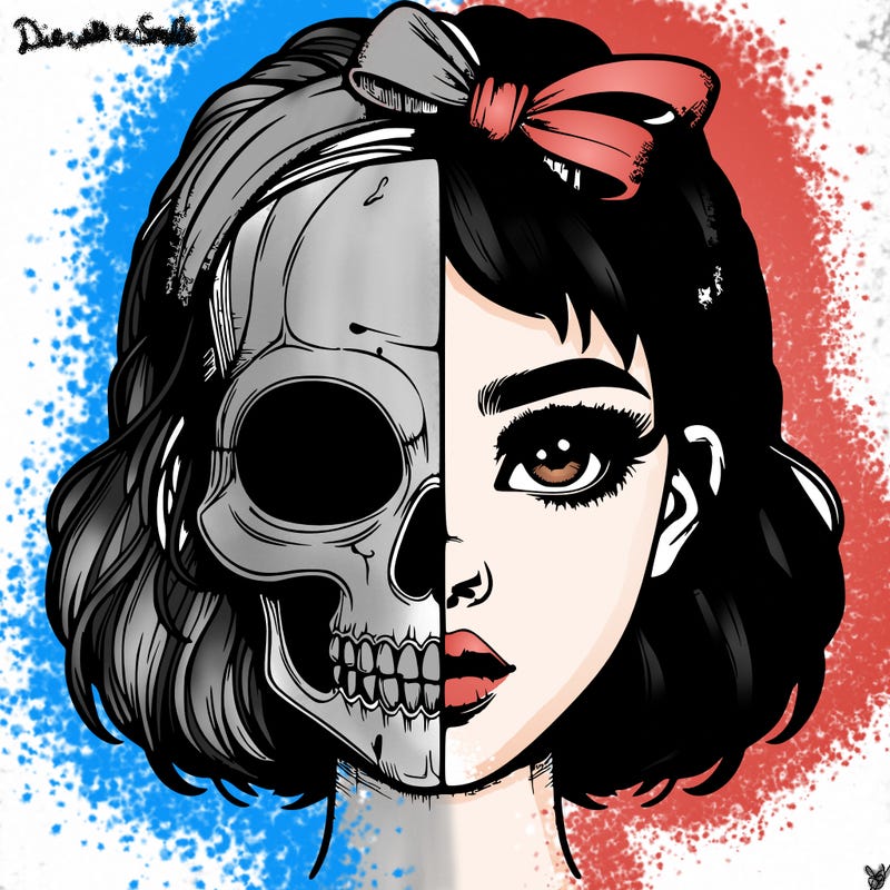 realistic girl with half skull mask