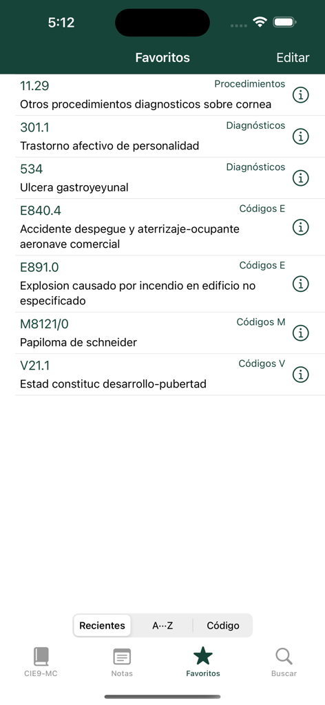 List of favorite ICD-9 medical codes and descriptions in the Spanish language interface