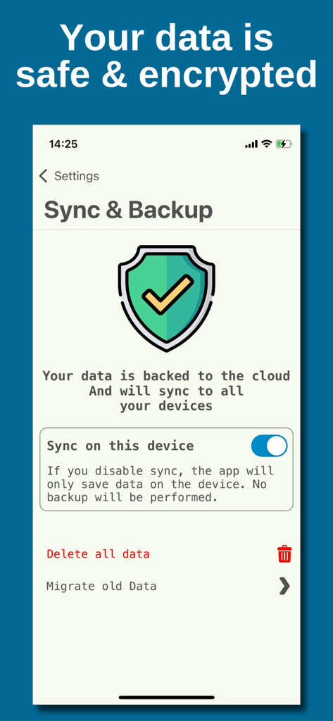 My Daily Diary app sync and backup settings screen showing encrypted data protection
