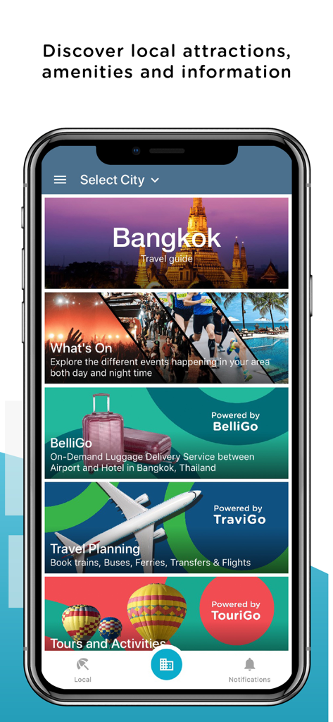 HandiGo app interface showing travel services including luggage delivery, travel planning, and local tours for Bangkok.