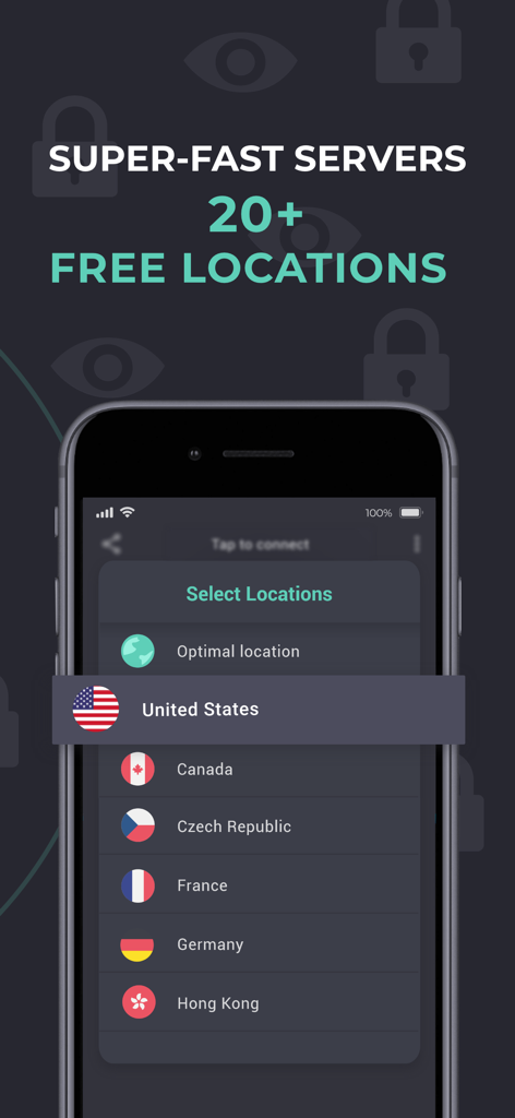 VPN Private - Tela do aplicativo VPN Private mostrando mais de 20 locais de servidores gratuitos em todo o mundo