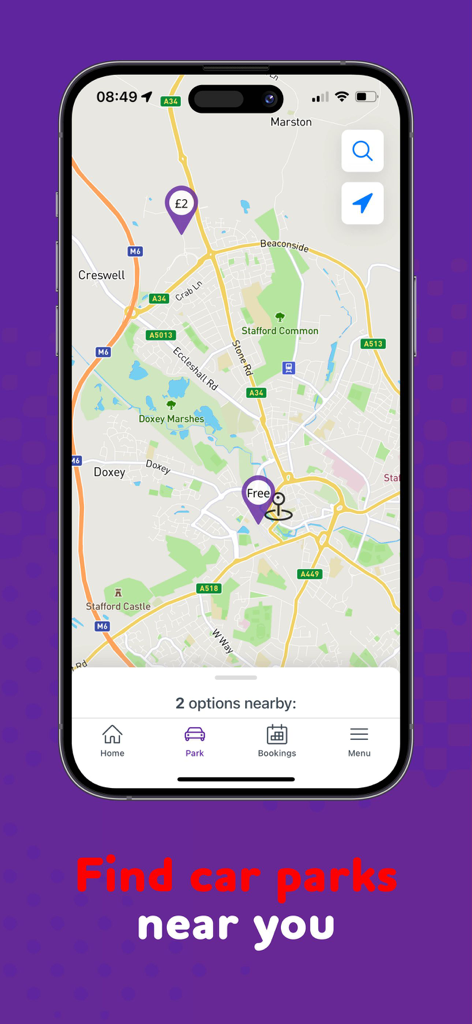 Interface da aplicação Sippi mostrando um mapa com locais de estacionamento próximos e marcadores de preços