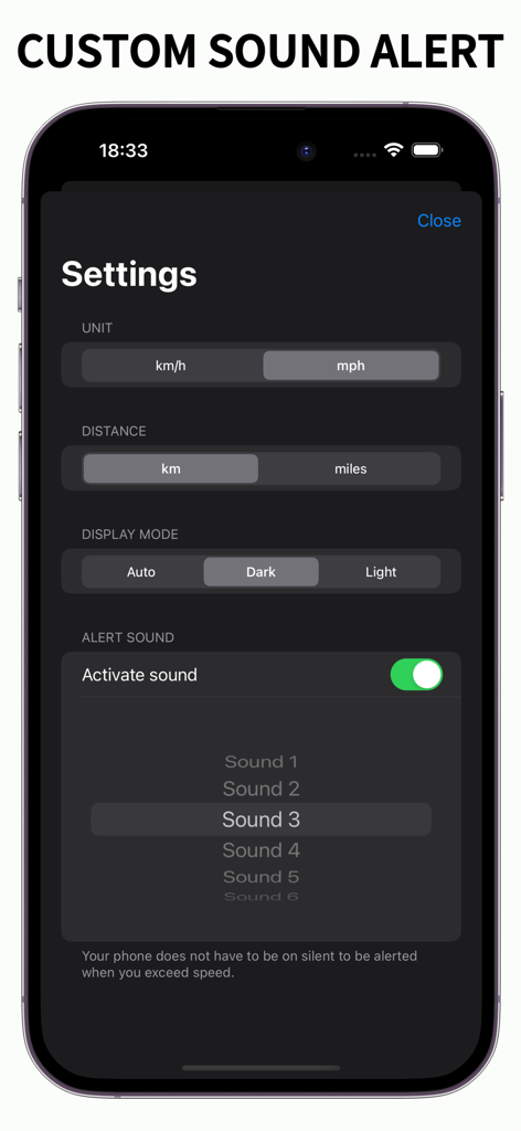 Speedometer GPS Speed Trackers - Settings screen of the Speedometer GPS app showing custom sound alert options and unit configurations.