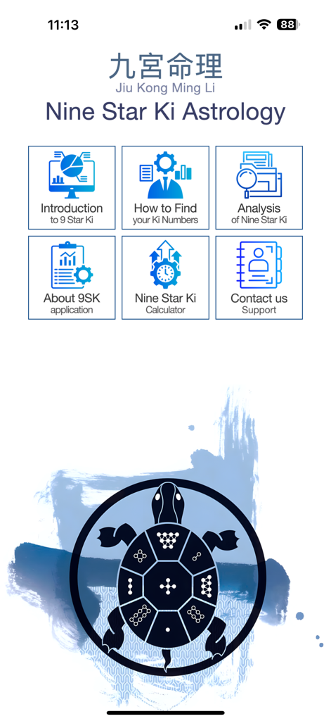 Menu principal do aplicativo Nove Estrelas Ki de Astrologia mostrando opções de navegação e uma ilustração tradicional de tartaruga com um padrão de quadrado Luo Shu