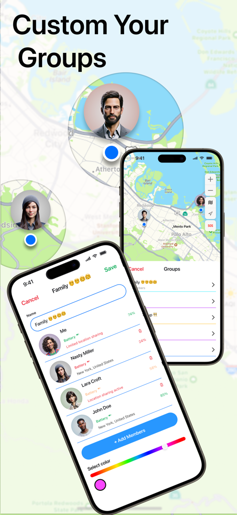 Phone Tracker by Number aрp - 「電話番号で追跡」アプリのインターフェースで、家族グループのリストと地図上のメンバーの位置が表示されている。