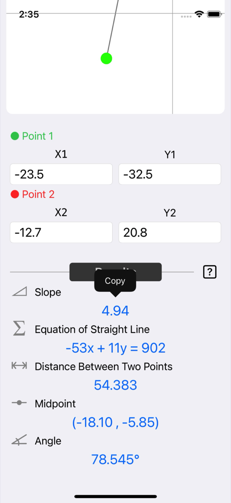 Slope Calculator Plus - Interface of Slope Calculator Plus showing calculations for slope line equation distance midpoint and angle