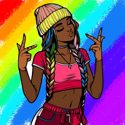 realistic teenage girl with braids and a beanie and crop top doing 🫶🏼