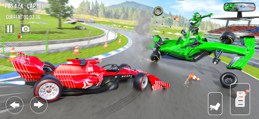 An intense crash between two formula cars on a high-speed racing track.